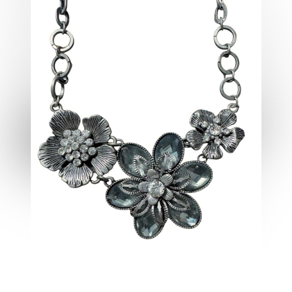 Vintage Statement Necklace Silvertone Floral Rhinestone Chunky Chain Link 18"